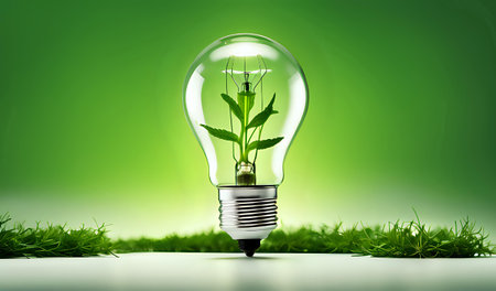 A light bulb with plants and leaves, symbolizing eco-friendliness and sustainability concept. Green innovative idea. Eco energy lightbulb symbol. Renewable clean energy. Ecological idea for environmental efficiency.の素材