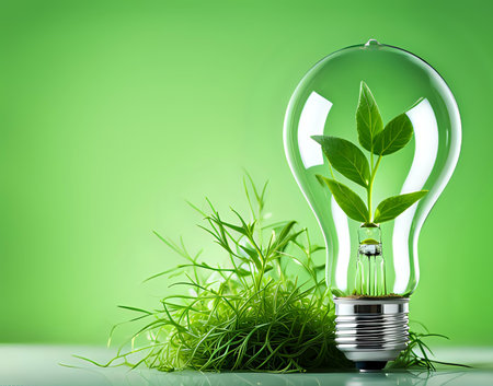 A light bulb with plants and leaves, symbolizing eco-friendliness and sustainability concept. Green innovative idea. Eco energy lightbulb symbol. Renewable clean energy. Ecological idea for environmental efficiency.の素材