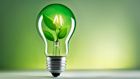 A light bulb with plants and leaves, symbolizing eco-friendliness and sustainability concept. Green innovative idea. Eco energy lightbulb symbol. Renewable clean energy. Ecological idea for environmental efficiency.の素材