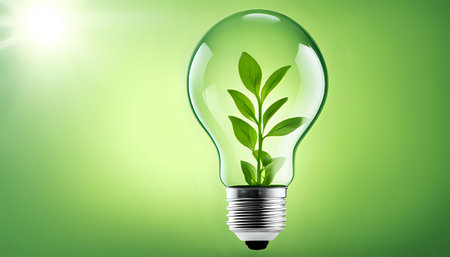 A light bulb with plants and leaves, symbolizing eco-friendliness and sustainability concept. Green innovative idea. Eco energy lightbulb symbol. Renewable clean energy. Ecological idea for environmental efficiency.の素材