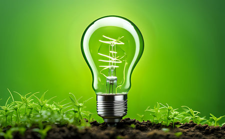 A light bulb with plants and leaves, symbolizing eco-friendliness and sustainability concept. Green innovative idea. Eco energy lightbulb symbol. Renewable clean energy. Ecological idea for environmental efficiency.の素材