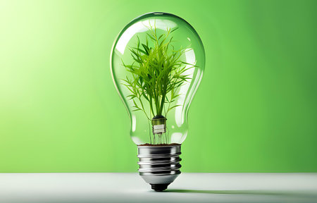 A light bulb with plants and leaves, symbolizing eco-friendliness and sustainability concept. Green innovative idea. Eco energy lightbulb symbol. Renewable clean energy. Ecological idea for environmental efficiency.の素材