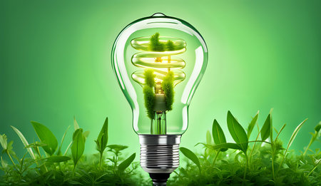A light bulb with plants and leaves, symbolizing eco-friendliness and sustainability concept. Green innovative idea. Eco energy lightbulb symbol. Renewable clean energy. Ecological idea for environmental efficiency.の素材