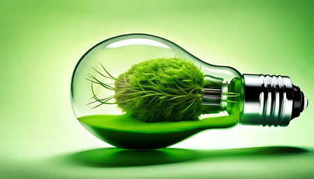 A light bulb with plants and leaves, symbolizing eco-friendliness and sustainability concept. Green innovative idea. Eco energy lightbulb symbol. Renewable clean energy. Ecological idea for environmental efficiency.の素材