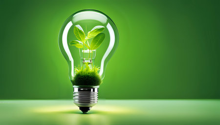 A light bulb with plants and leaves, symbolizing eco-friendliness and sustainability concept. Green innovative idea. Eco energy lightbulb symbol. Renewable clean energy. Ecological idea for environmental efficiency.の素材