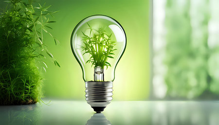 A light bulb with plants and leaves, symbolizing eco-friendliness and sustainability concept. Green innovative idea. Eco energy lightbulb symbol. Renewable clean energy. Ecological idea for environmental efficiency.の素材
