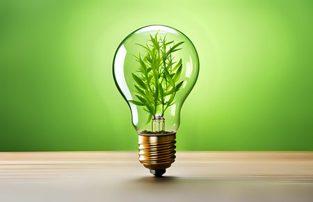 A light bulb with plants and leaves, symbolizing eco-friendliness and sustainability concept. Green innovative idea. Eco energy lightbulb symbol. Renewable clean energy. Ecological idea for environmental efficiency.の素材