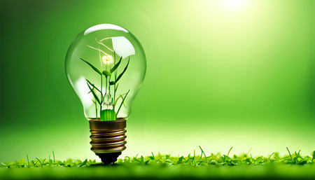 A light bulb with plants and leaves, symbolizing eco-friendliness and sustainability concept. Green innovative idea. Eco energy lightbulb symbol. Renewable clean energy. Ecological idea for environmental efficiency.の素材