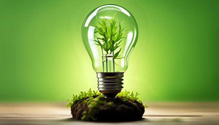 A light bulb with plants and leaves, symbolizing eco-friendliness and sustainability concept. Green innovative idea. Eco energy lightbulb symbol. Renewable clean energy. Ecological idea for environmental efficiency.の素材