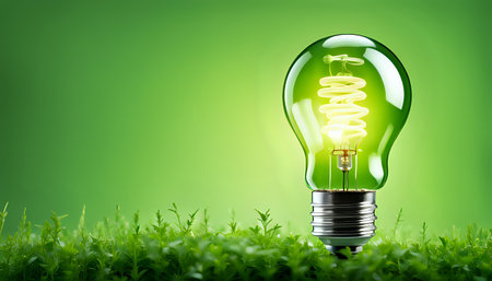 A light bulb with plants and leaves, symbolizing eco-friendliness and sustainability concept. Green innovative idea. Eco energy lightbulb symbol. Renewable clean energy. Ecological idea for environmental efficiency.の素材