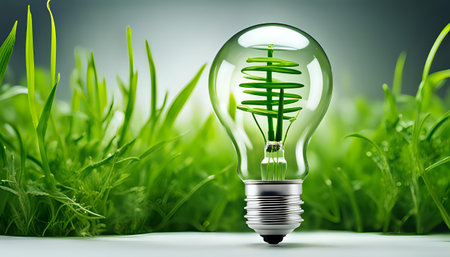 A light bulb with plants and leaves, symbolizing eco-friendliness and sustainability concept. Green innovative idea. Eco energy lightbulb symbol. Renewable clean energy. Ecological idea for environmental efficiency.の素材