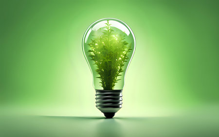 A light bulb with plants and leaves, symbolizing eco-friendliness and sustainability concept. Green innovative idea. Eco energy lightbulb symbol. Renewable clean energy. Ecological idea for environmental efficiency.の素材