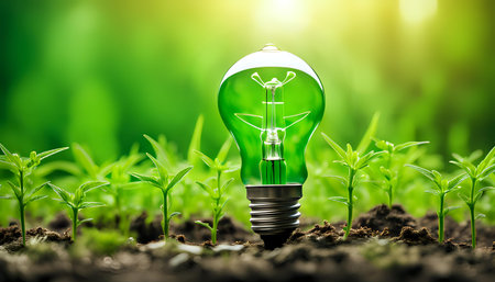 A light bulb with plants and leaves, symbolizing eco-friendliness and sustainability concept. Green innovative idea. Eco energy lightbulb symbol. Renewable clean energy. Ecological idea for environmental efficiency.の素材