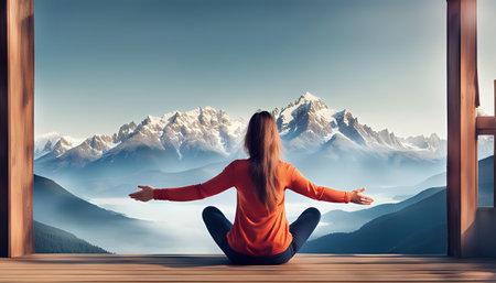 A relaxed Woman practices meditation on the mountain. Concept of relaxation and tranquility.の素材