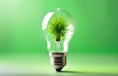 A light bulb with plants and leaves, symbolizing eco-friendliness and sustainability concept. Green innovative idea. Eco energy lightbulb symbol. Renewable clean energy. Ecological idea for environmental efficiency.の素材