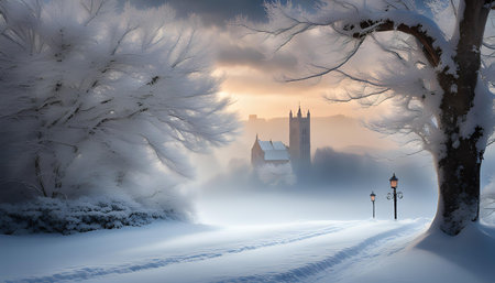 Winter landscape with snow. Beautiful christmas panorama with fresh powder snow. Xmas scenes.の素材