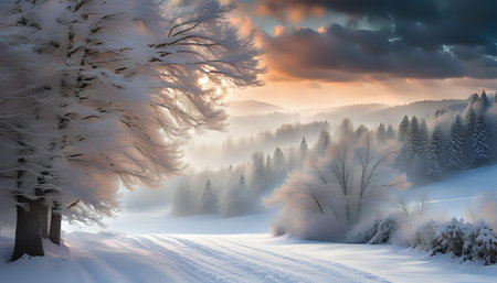 Winter landscape with snow. Beautiful christmas panorama with fresh powder snow. Xmas scenes.の素材