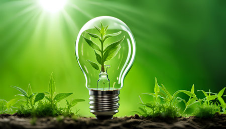 A light bulb with plants and leaves, symbolizing eco-friendliness and sustainability concept. Green innovative idea. Eco energy lightbulb symbol. Renewable clean energy. Ecological idea for environmental efficiency.の素材
