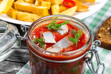 Slices of marinated Norwegian herring, Potato Fries, chili pepper, close-upの写真素材