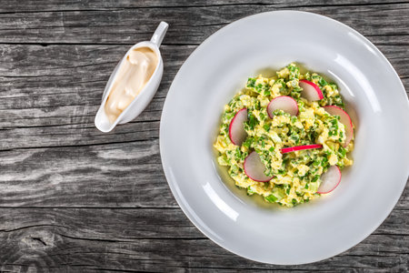 Delicious Spring onion, eggs, radish salad in a white dish on an old rustic wooden table with sauce in a gravy boat, horizontal top viewの写真素材