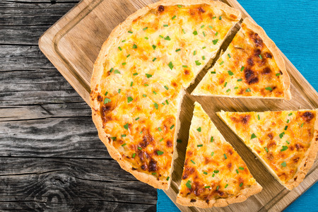 French onion quiche  or pie in a gratin dish, traditional recipe, view from aboveの写真素材