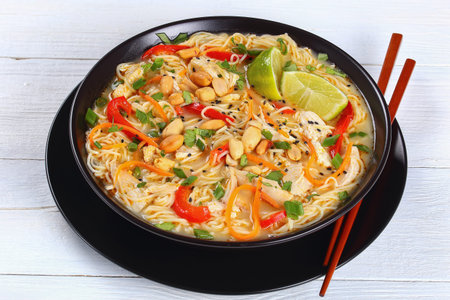 Thai Chicken noodle soup sprinkled with chopped cilantro, sesame and peanuts in black bowl with...