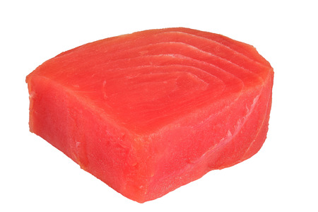 organic delicious Fresh raw tuna fish steak isolated.on white background, view from above, close-upの写真素材