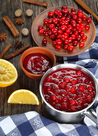 cranberry sauce  in a saucepan and in a bowl -  jellied sauce made from cranberries, a traditional accompaniment to turkey at festive dinner, view from above, close-upの写真素材