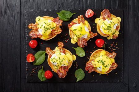 Eggs Benedict - toasted English muffins, fried crispy bacon, poached eggs and classic buttery...