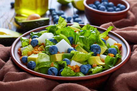 close-up of Mexican Salad with Blueberries, romaine lettuce leaves, jicama, roasted crispy Corn kernels and Avocado on a plate on an old rustic wooden table with ingredients at the backgroundの写真素材