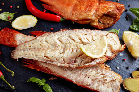 fillet of hot smoked red snapper on a black stone plate with spices, herbs and sliced lemons, view...