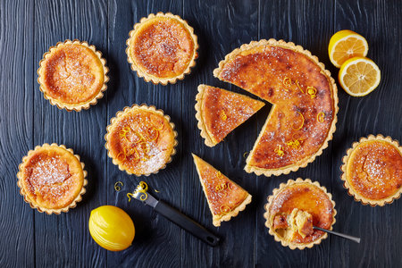 delicious Swiss Easter Rice Tarts sprinkled with powdered sugar and lemon zest, gateau de Paques,...
