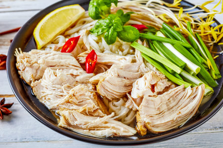 close-up of vietnamese soup Pho Ga with chicken breast, rice noodles, bean sprouts, spices and fresh...