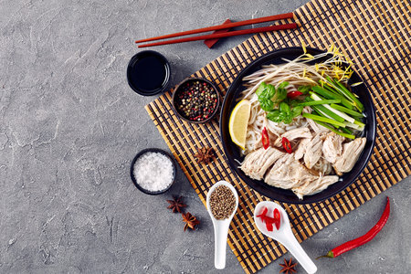 vietnamese soup Pho Ga with chicken breast, rice noodles, bean sprouts, spices and fresh herbs in a...
