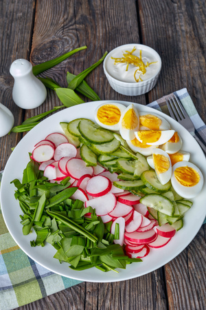 healthy low calories spring salad of wild garlic, hard boiled eggs, radish and cucumber on a white plate on a rustic wooden table with yogurt sauce in a bowl, vertical view from aboveの写真素材