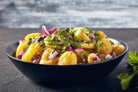 close-up of savory german potato salad with red onion, capers, greens and mustard vinegar dressing in a black bowl on a concrete table, view from above, empty space at the background,の写真素材