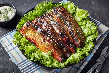 close-up of delicious roasted fillets of mackerel fish served with lettuce on a plate on a concrete kitchen table with tartar sauce in a bowl, view from above,の写真素材