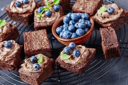 homemade chocolate brownies topped with chocolate buttercream and decorated with fresh blueberries and mint on a wire stand, close-upの写真素材