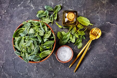 Ingredients for the fitness menu: fresh kale leaves on a bowl with sea salt and olive oil and salad utensils on dark concrete background, horizontal orientation, view from above, close-up  の写真素材