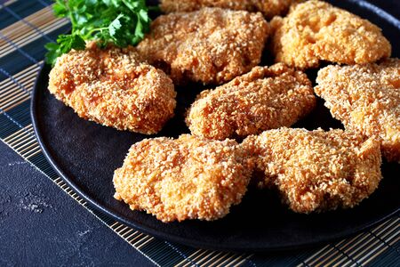 close-up of HireKatsu, Japanese pork cutlets on a black plate on a bamboo mat, horizontal view from aboveの写真素材