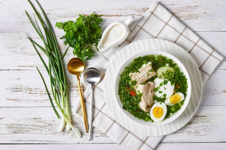 Slavic green sorrel soup with eggs, pork ribs, parsley, young potato, carrot, cooked on a meat broth, on a white wooden background, served on a white plate with sour cream, fresh scallion, flat layの写真素材