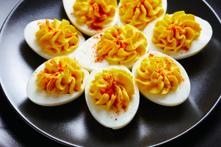 Easter party snack deviled eggs of smashed egg yolks, dijon mustard, mayonnaise, apple cider vinegar...