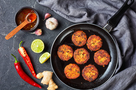 fried thai fish cakes on a skillet on a concrete table with sweet chili sauce, horizontal view from...