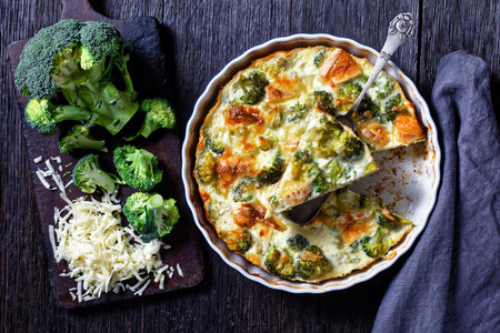 Crustless Broccoli Quiche gluten free baked with brie and cheddar cheese, horizontal view from...