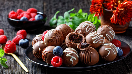 Chocolate truffles balls on a black plate on a dark wooden table with fresh berries  and flowers at...