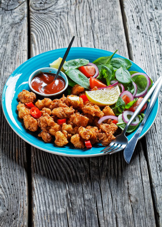 Crispy popcorn chicken american snack served on a blue plate with ketchup and salad of baby spinach, red onion, cherry tomatoes and lemon wedges on a wooden table, top view, close-upの写真素材