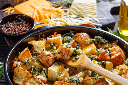 Italian spinach strata of soaked overnight cubed sandwich bread and baked with chopped spinach and shredded cheese with mustard served on a black baking dish on a wooden background, top viewの写真素材