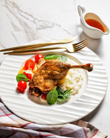 Roasted duck leg - duck confit with parsnip puree and orange sauce cherry tomatoes, fresh spinach leaves served on a white plate with golden cutlery on a white marble background, top view, close-upの写真素材