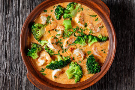 Creamy Tomato Soup with Shrimp and Broccoli in a clay bowl on a dark wooden table, flat lay, macro, American cuisineの写真素材