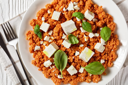 Strapatsada, eggs scrambled with tomatoes and feta cheese on a white plate with fresh basil leaves,...